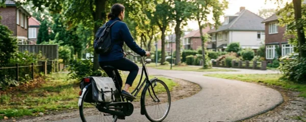 Une cycliste pédale sur une piste cyclable bordée de végétation en zone résidentielle, lumière matinale naturelle