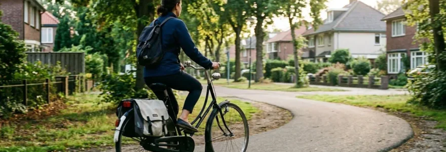 Une cycliste pédale sur une piste cyclable bordée de végétation en zone résidentielle, lumière matinale naturelle