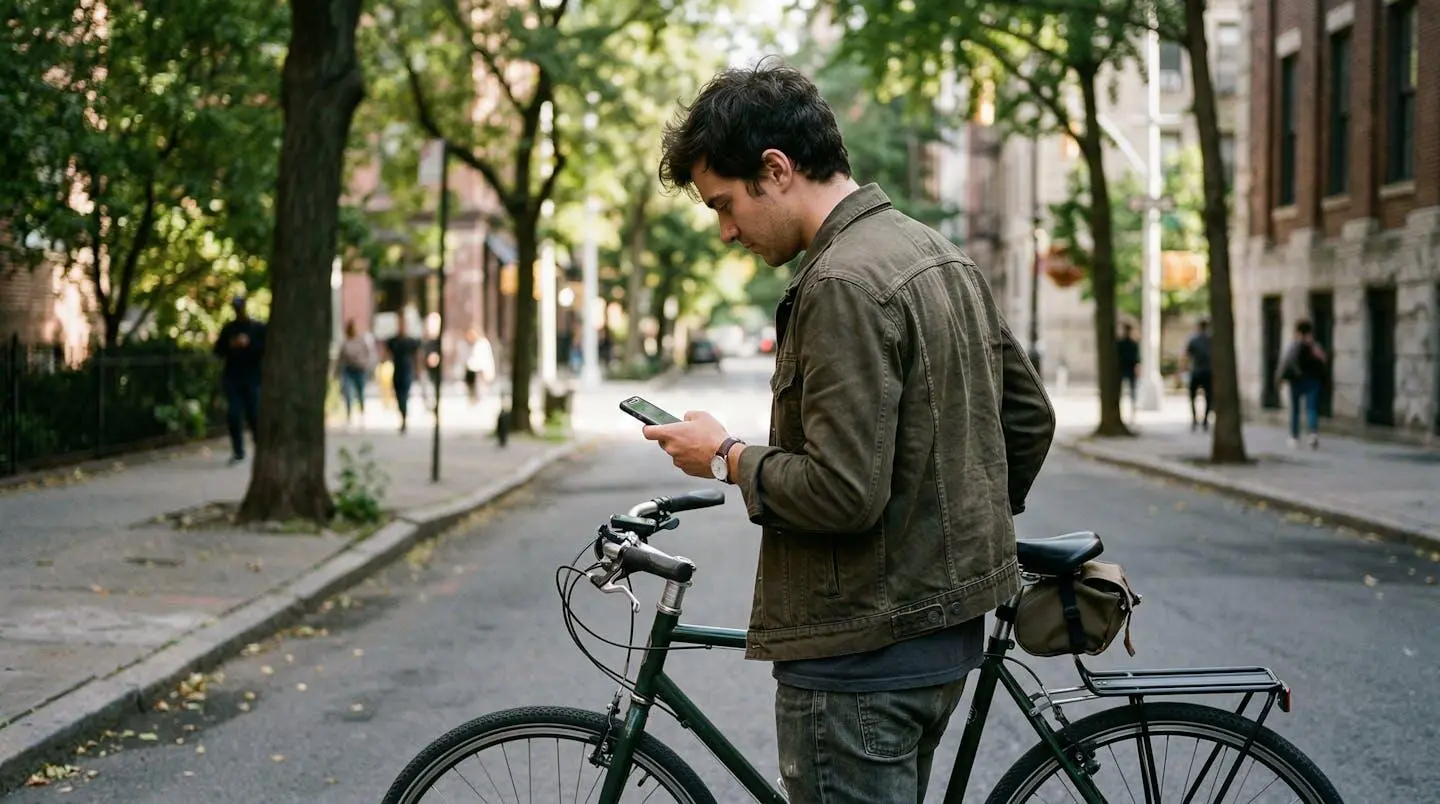Une personne debout près d'un vélo consulte son téléphone avec un air pensif, environnement extérieur urbain
